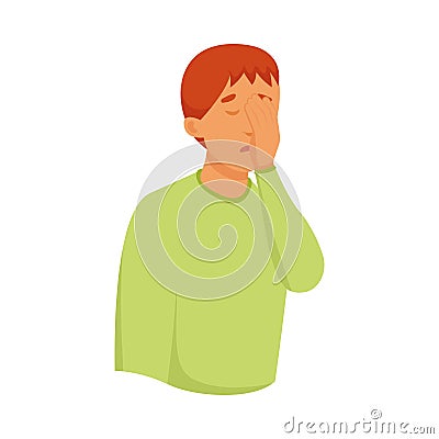 Cute red hair boy in green sweater cover his face with palm Vector Illustration