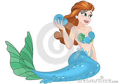 Cute red haired mermaid with sea shell Vector Illustration