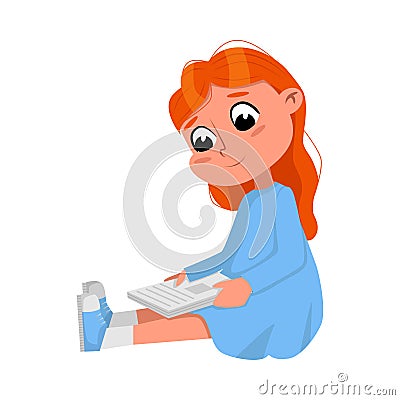 Cute Red Haired Girl Reading Book while Sitting on Floor, Lovely Preschooler Kid or Elementary School Student Enjoying Vector Illustration