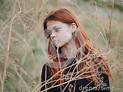 cute red-haired woman grass in field summer nature Stock Photo