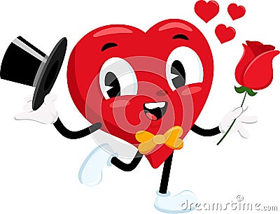 Cute Red Heart Retro Cartoon Character Holding A Rose Vector Illustration