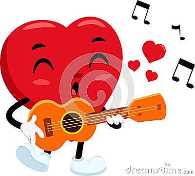 Cute Red Heart Retro Cartoon Character Playing A Guitar And Singing Vector Illustration