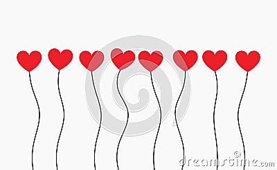 Cute red hearts on stems. Love Valentines Day card Vector Illustration