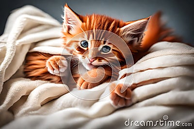 Cute red kitten beautiful eyes sit on the bed with a white blanket Generated Ai Stock Photo