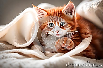 Cute red and white cat with a white blanket Generated Ai Stock Photo