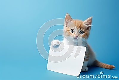 a cute red kitten holds in its paws a white sheet of paper with a place for text,on a plain blue background,a mockup for an Stock Photo