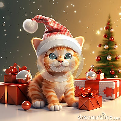 cute red kitten in a Santa hat sits next to beautifully packed boxes Cartoon Illustration