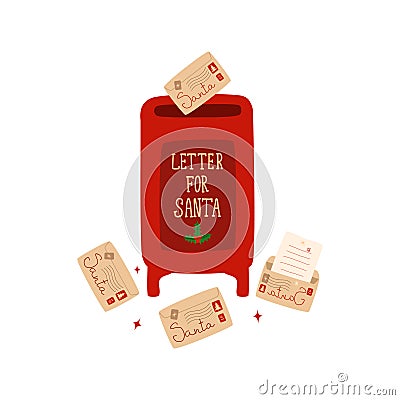 Cute red mailbox for Christmas mailings with letters to Santa Claus Vector Illustration