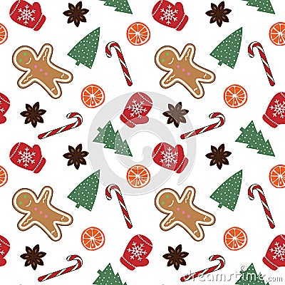 cute red mittens with snowflakes glove green christmas tree candy cane gingerbread man orange cinnamon on a white background Vector Illustration