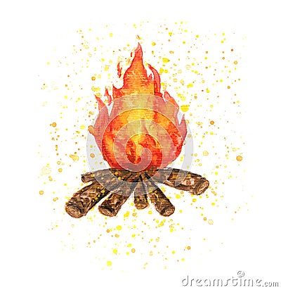 Cute red and orange watercolor bonfire with logs Cartoon Illustration