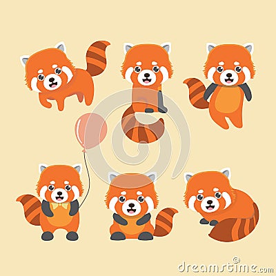 Cute red panda set. Vector Illustration