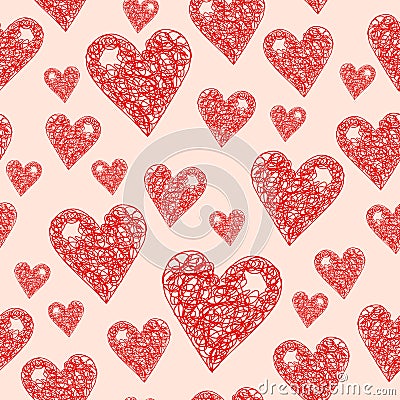 Cute red scribbled hearts vector seamless pattern with pink background. Vector Illustration
