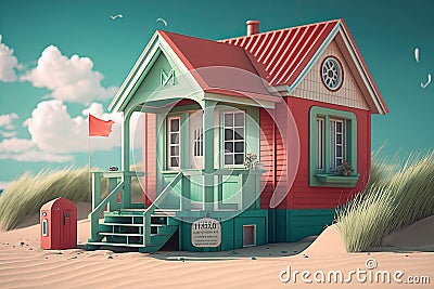 Cute red and seafoam green cottage by the beach side Stock Photo