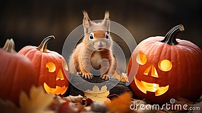 Cute red squirrel with pumpkins jack-o-lantern on autumn leaves background Stock Photo