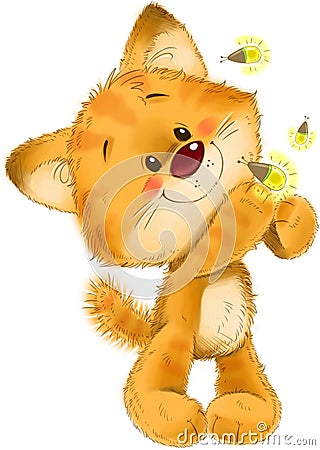 The cute red striped kitten with glowworm, firefly bugs, greeting card illustration Cartoon Illustration