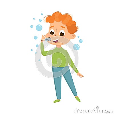 Cute Redhead Boy Blowing Soap Bubbles Through Wand, Little Boy Playing with Soap Bubbles, Kids Leisure, Outdoor Hobby Vector Illustration