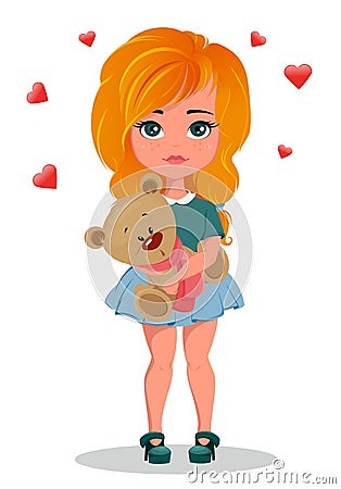 Cute redhead cartoon girl holding toy Teddy bear. Vector Illustration