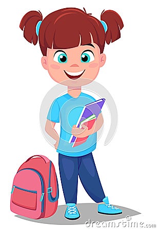 Cute redhead girl with books in casual clothes stands near schoolbag. Vector Illustration