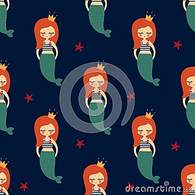 Cute redhead mermaid girl with starfish seamless pattern on dark blue background. Vector Illustration