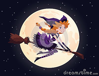 Cute redhead witch flying on a broom and smiling. Vector Illustration