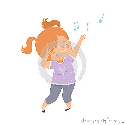 Cute Redheaded Girl Singing and Dancing, Adorable Kid Having Fun and Enjoying Listening to Music Cartoon Vector Vector Illustration