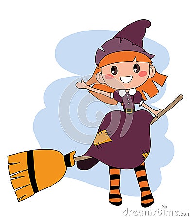 Cute redheaded witch flying on a broom over blue sky Vector Illustration