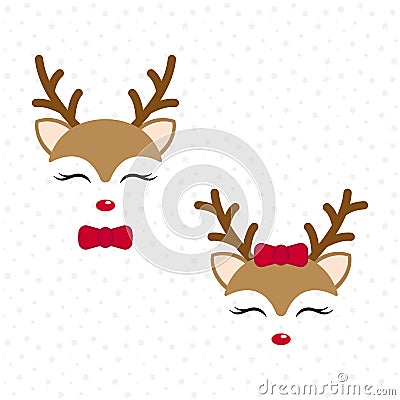 Cute reindeer. Baby deer. Merry Christmas cartoon character. Boy with bow tie and girl with red bow. Vector Illustration