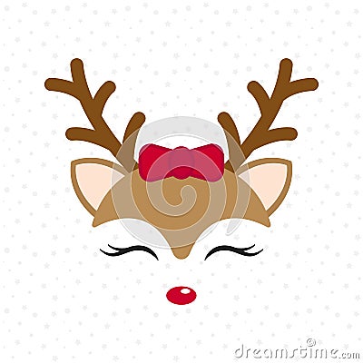 Cute reindeer. Baby deer. Merry Christmas cartoon character. Girl with red bow. Vector Illustration