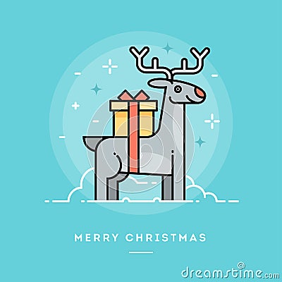 Cute reindeer carrying a gift, flat design line Christmas banner Vector Illustration