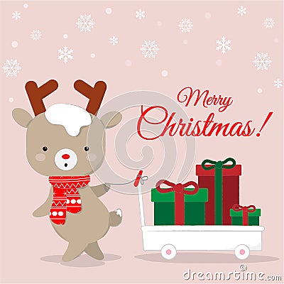 Cute reindeer cartoon carrying chirstmas gifts background. Stock Photo