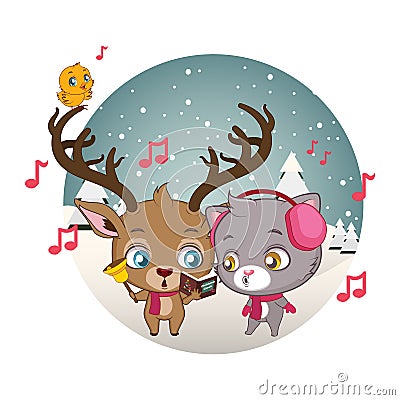 Cute reindeer and cat singing carols Vector Illustration