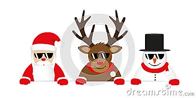 Cute reindeer santa claus and snowman cartoon with sunglasses for christmas Vector Illustration