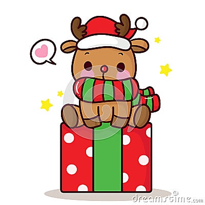 Cute reindeer vector with gift merry christmas winter kawaii cartoon x mas festival happy new year Vector Illustration