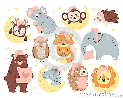 Cute relaxed cartoon baby animals characters wearing cap having sweet dreams sleeping isolated set Vector Illustration