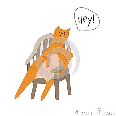 Cute relaxed cat sitting in chair saying hey sticker Vector Illustration