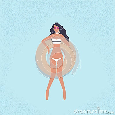 Cute relaxed fashionable lady with cocktail at sea or swimming pool. Woman in bikini and sunglasses floating on rubber ring. Vector Illustration