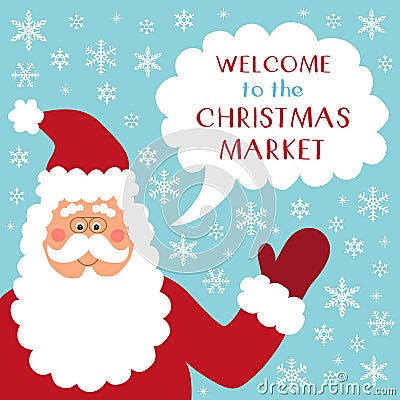 Cute retro banner with funny cartoon character of Santa Claus with speech bubble Vector Illustration