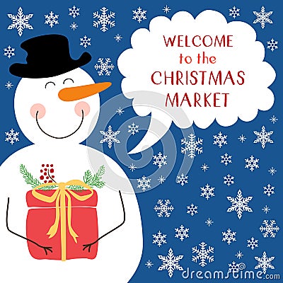 Cute retro banner with funny cartoon character of snowman with speech bubble Vector Illustration