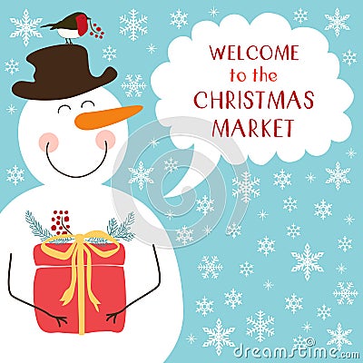 Cute retro banner with funny cartoon character of snowman with speech bubble Vector Illustration