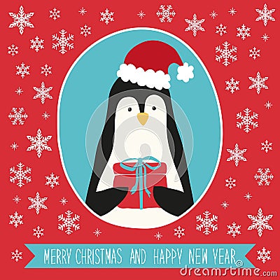 Cute retro card with funny cartoon character of penguin Vector Illustration