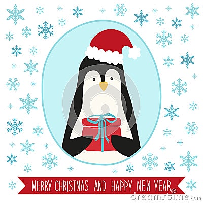 Cute retro card with funny cartoon character of penguin Vector Illustration