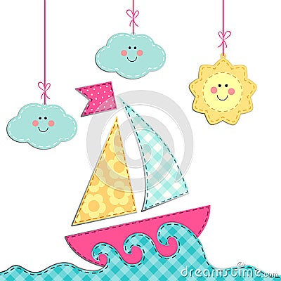 Cute retro card with ship, sea, clouds and sun as fabric applique Vector Illustration