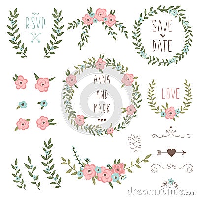 Cute retro floral bouquets and wreath Vector Illustration