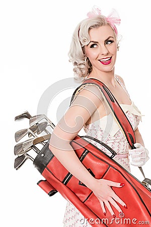 Cute retro girl carrying red golf bag over her shoulder, isolate Stock Photo