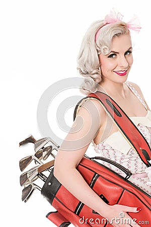 Cute retro girl carrying red golf bag over her shoulder, isolate Stock Photo