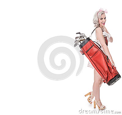 Cute retro girl carrying red golf bag over her shoulder, isolate Stock Photo