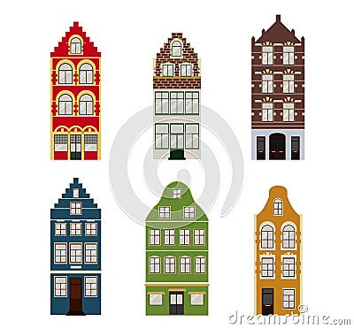Cute retro houses exterior set. Collection of European building facades. Traditional architecture of Belgium and Vector Illustration