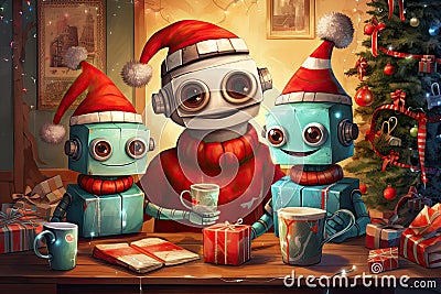 cute retro robot family on christmas eve AI generated Cartoon Illustration