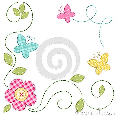 Cute retro spring card as patch fabric applique of flowers and butterflies Vector Illustration