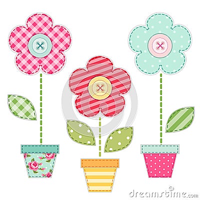 Cute retro spring and garden elements as fabric patch applique of flowers in pots Vector Illustration